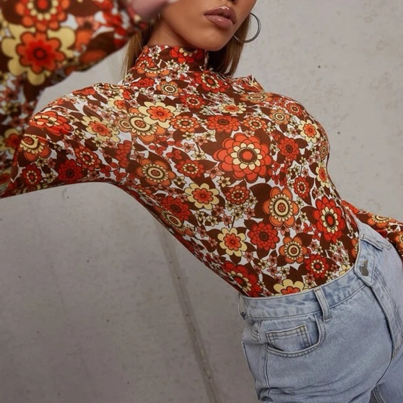 Boho  floral print stand neck bodysuit - Picture 1 of 7